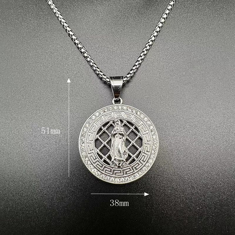 Rhinestone Necklace – Vintage Virgin Mary Hip Hop Pendant In Steel Gold Plating Finish