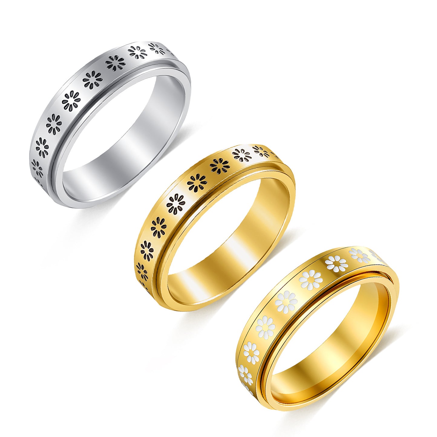 Planderful Elegant Rotatable Flower Titanium Steel Ring For Couples Unisex Marriage Proposal Jewelry