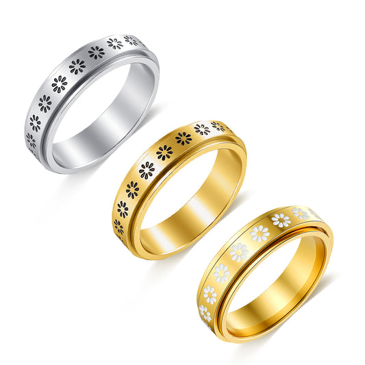 Planderful Elegant Rotatable Flower Titanium Steel Ring For Couples Unisex Marriage Proposal Jewelry