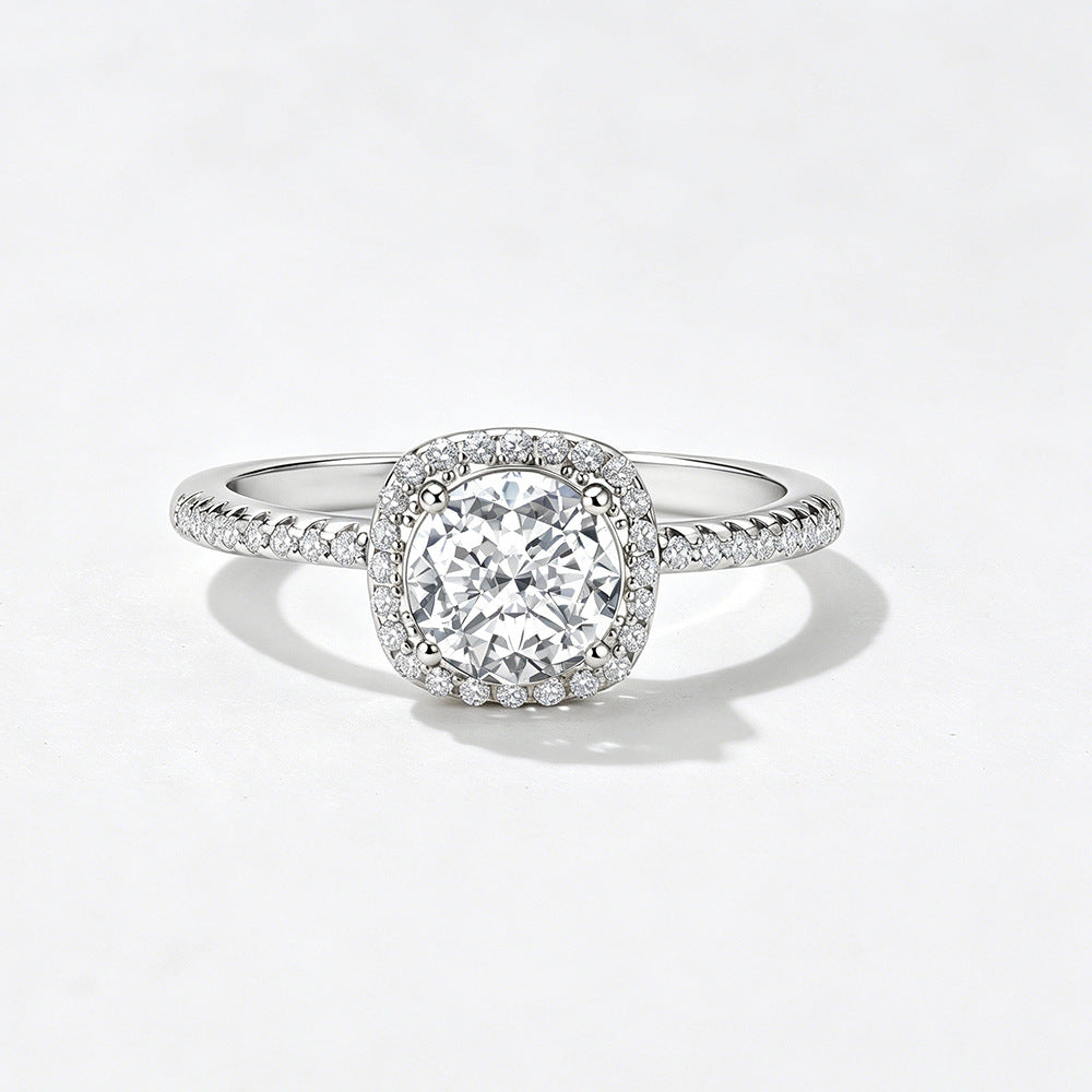 925 Sterling Silver Small Sugar Cube One Carat Simulation Diamond Zircon Ring European,