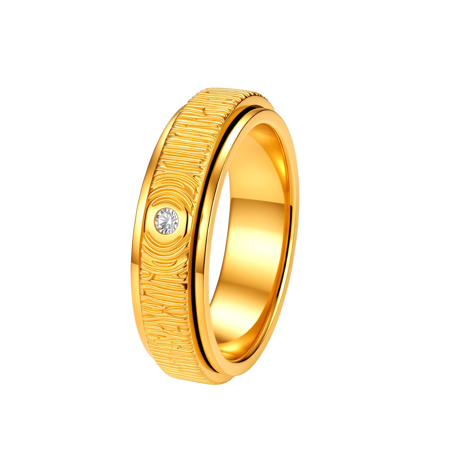 Planderful Everyday Genie Wood Grain Zircon Single Rotatable Stainless Steel Ring For Men Women Unisex Retro Jewelry