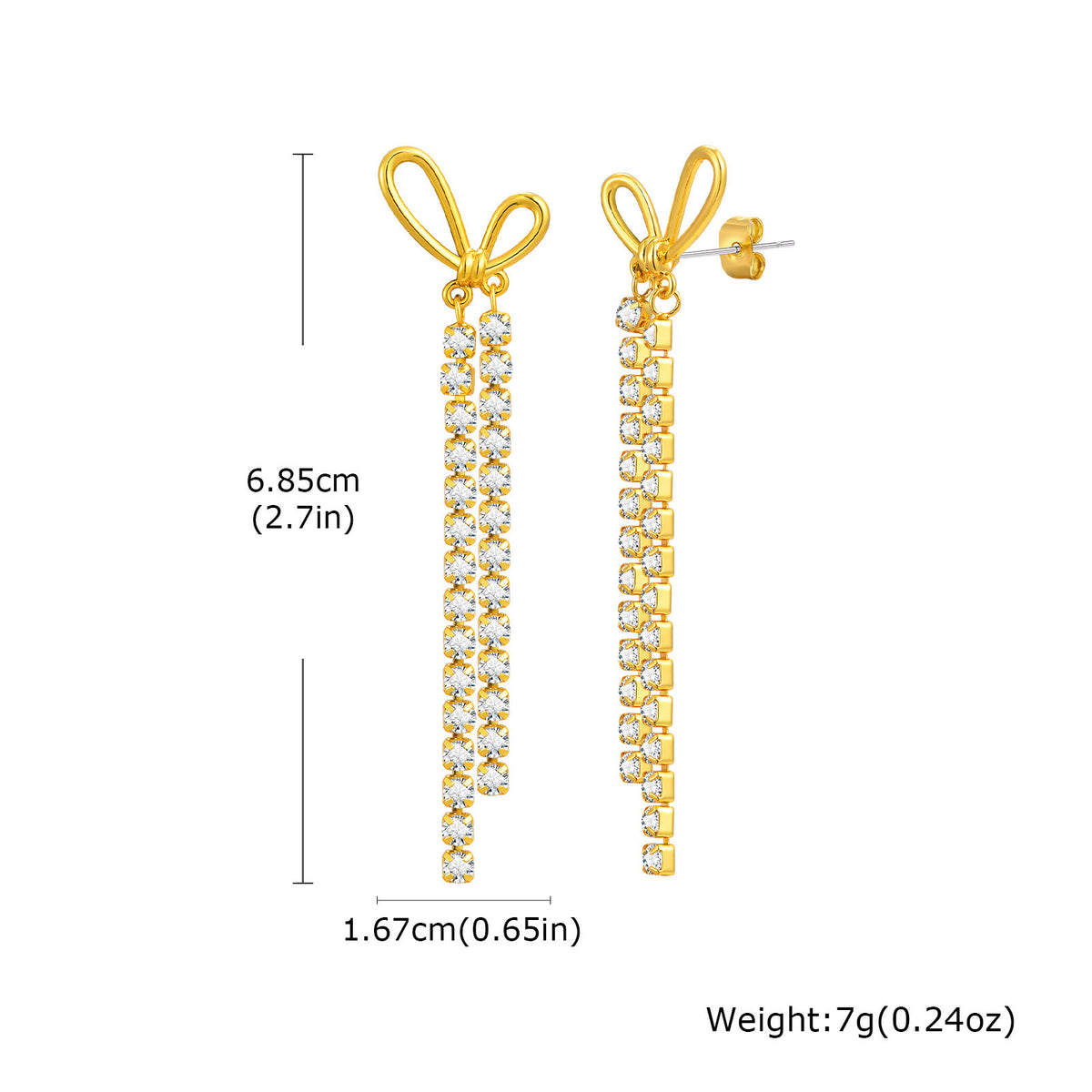 Copper Material Long Love Zircon Bow Fringed Earrings