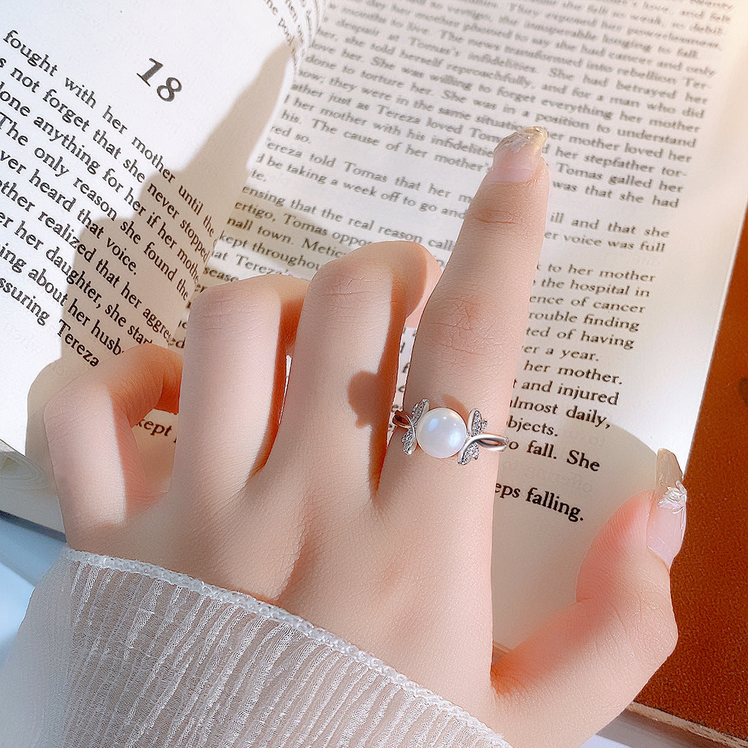 S925 Sterling Silver Freshwater Pearl Butterfly Ring — Adjustable