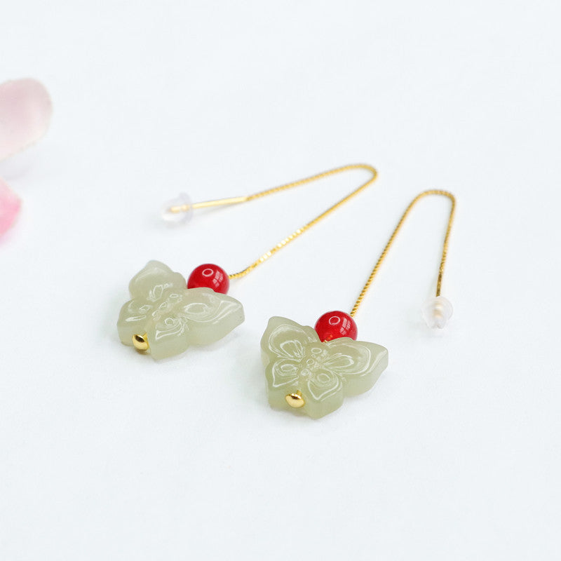 Golden Butterfly Earrings with Sterling Silver and Hetian Jade