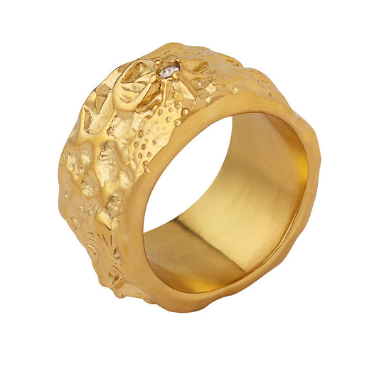 Hip Hop Trend Titanium Steel Ring with Gold Plating and Zircon Inlay