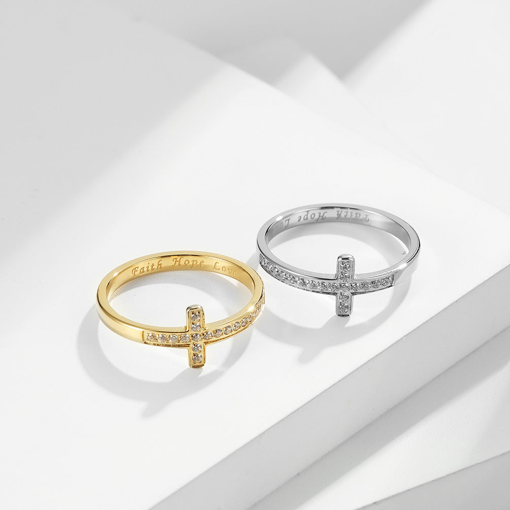 Planderful Titanium Inlaid Zircon Cross Ring Unisex For Engagement And Proposal European And American Style