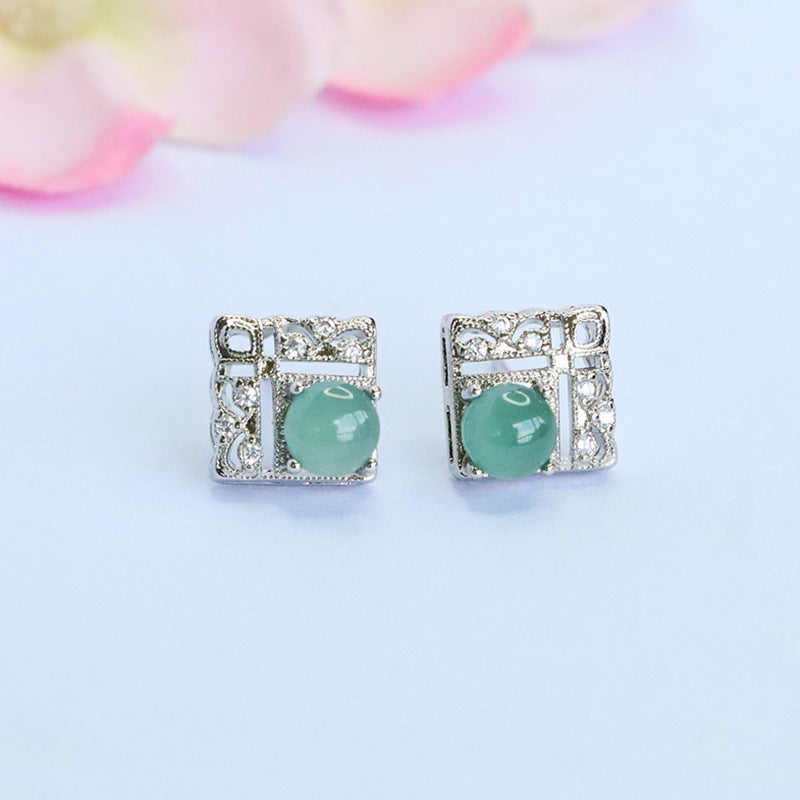 Blue-Water Jadeite Window Motif Stud Earrings