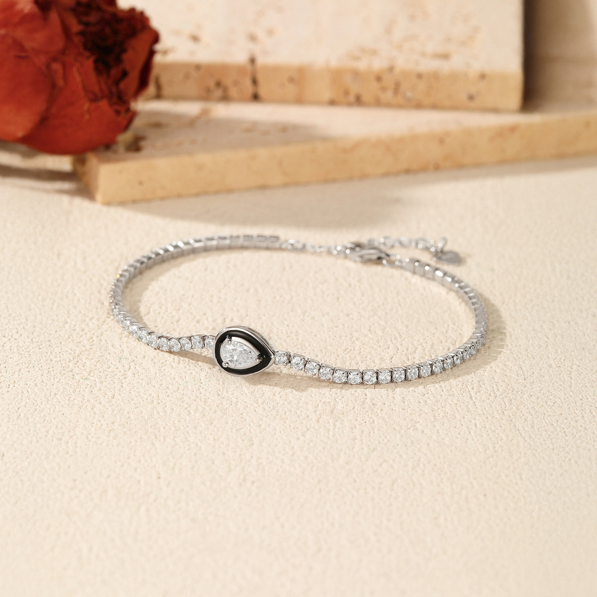 925 Sterling Silver Black Enamel Tennis Teardrop Bracelet