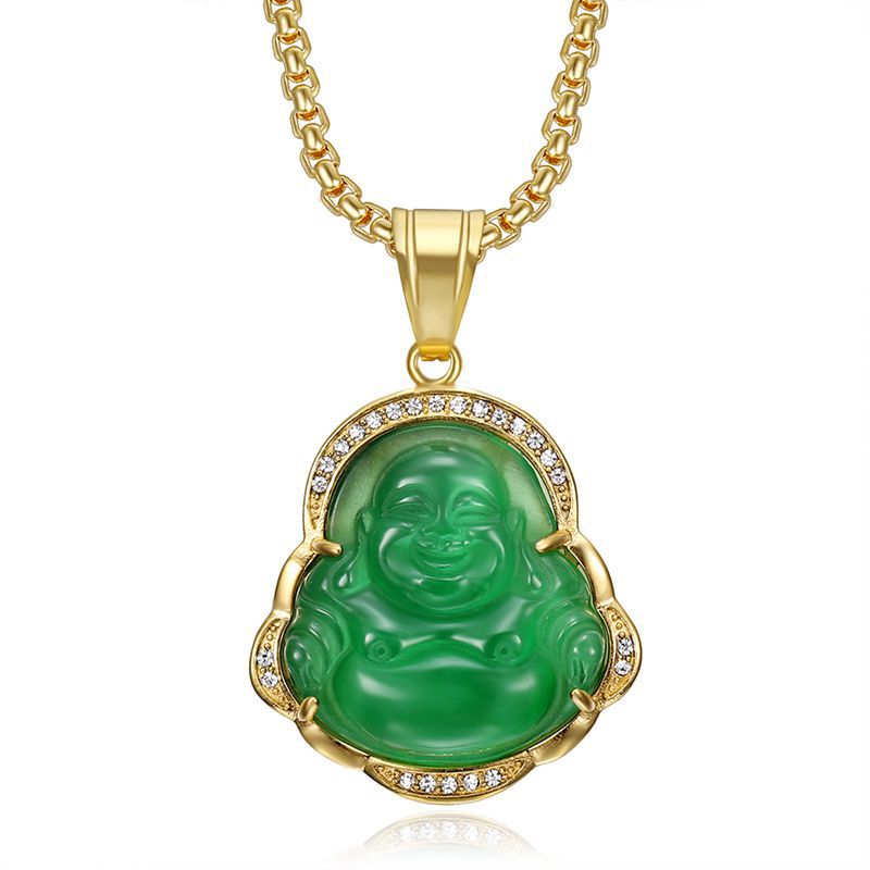 Planderful Maitreya Buddha Pendant Necklace Stainless Steel Gold Plated Zircon Opal Hip Hop Style For Men Women