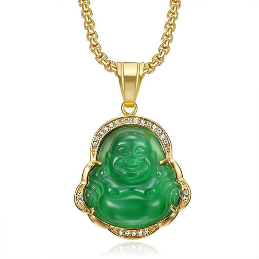Planderful Maitreya Buddha Pendant Necklace Stainless Steel Gold Plated Zircon Opal Hip Hop Style For Men Women