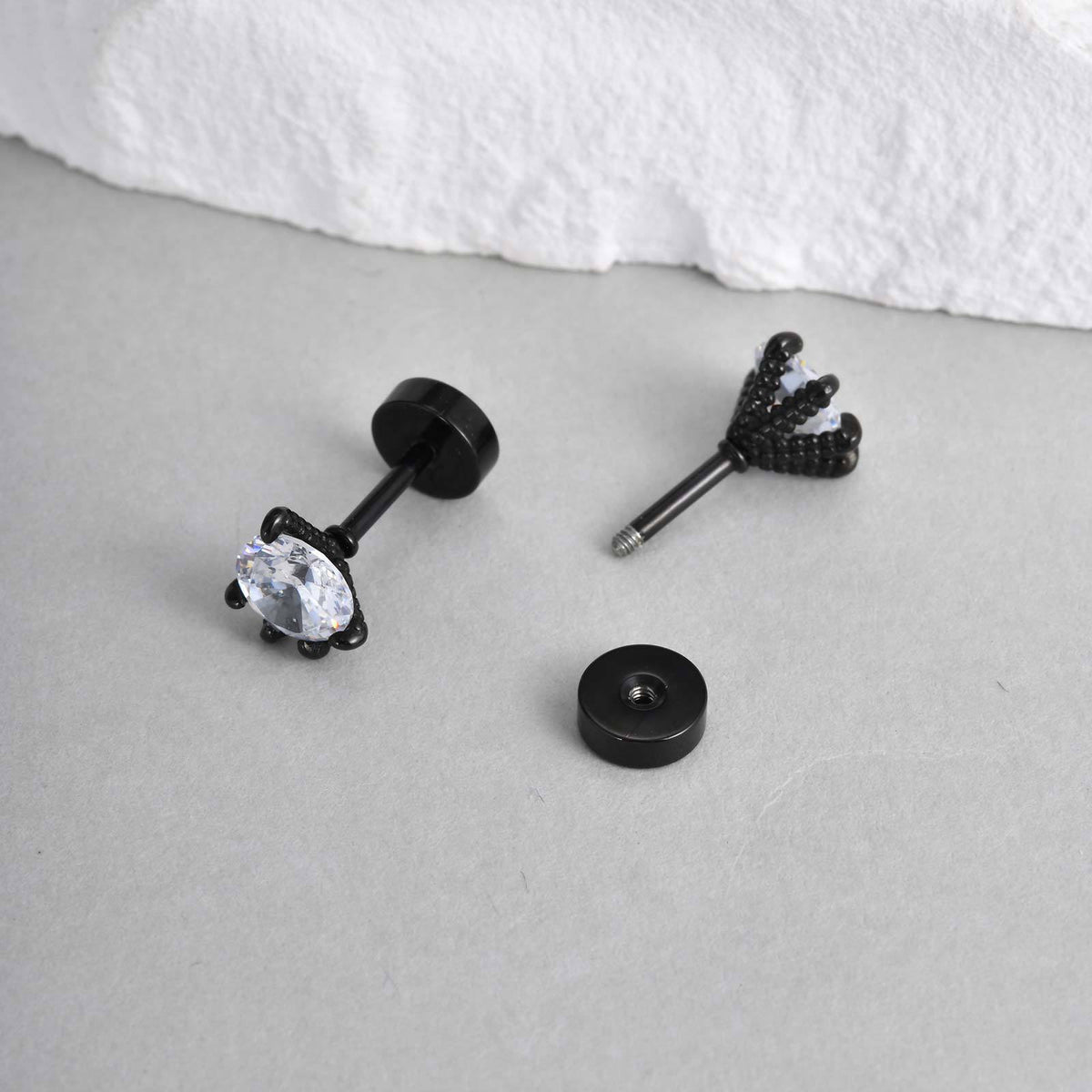 Black-Tone Clear Crystal Stud Earring — Single
