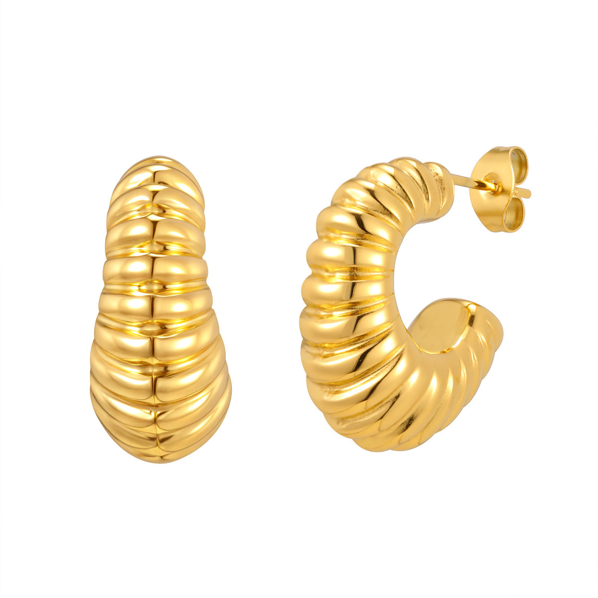 Ribbed Croissant Hoop Earrings — Gold Pair