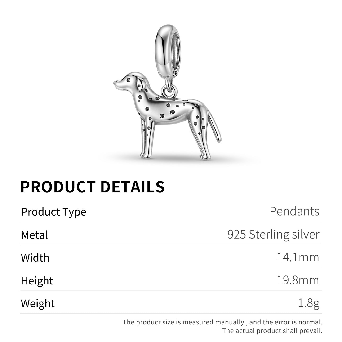 Planderful Jewelry Dalmatian Pendant in Sterling Silver S925 with Oxidized Finish and European Luxury Style