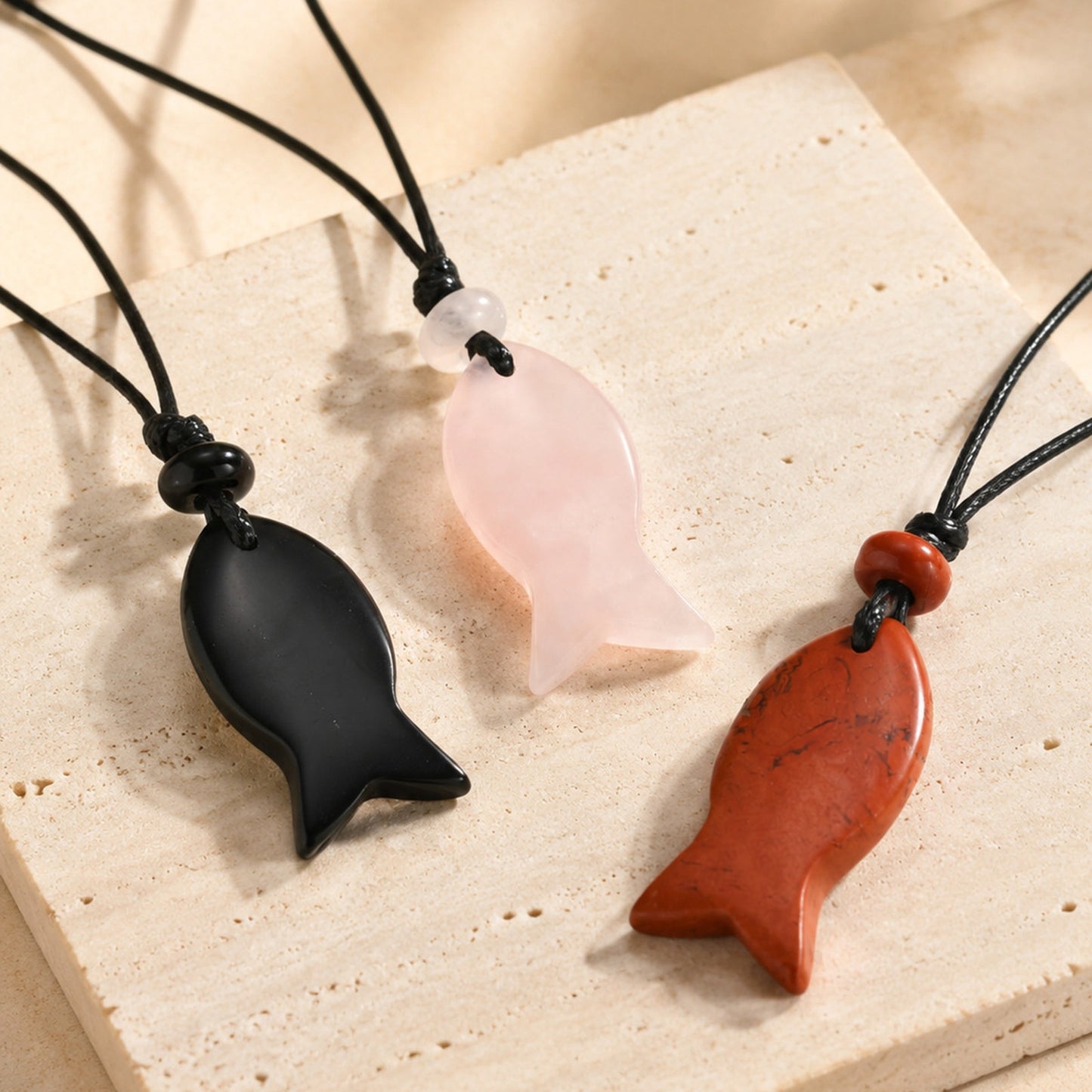 Bohemian Ocean Wind Natural Obsidian Fish Shape Adjustable Necklace Pendant