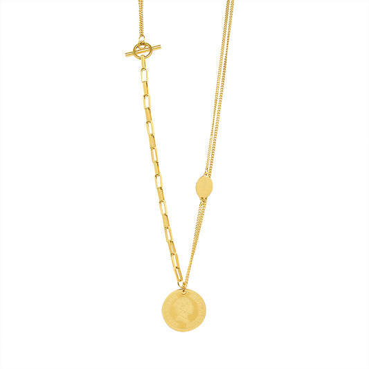 French Chain Portrait Medallion Pendant Necklace with Titanium Steel 18k Gold Plating