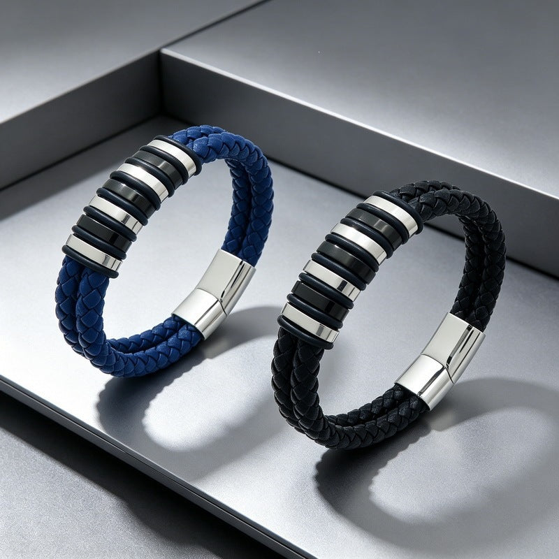 Woven Leather Bracelet Black & White Bead Spacer Stainless Steel Magnetic Suction