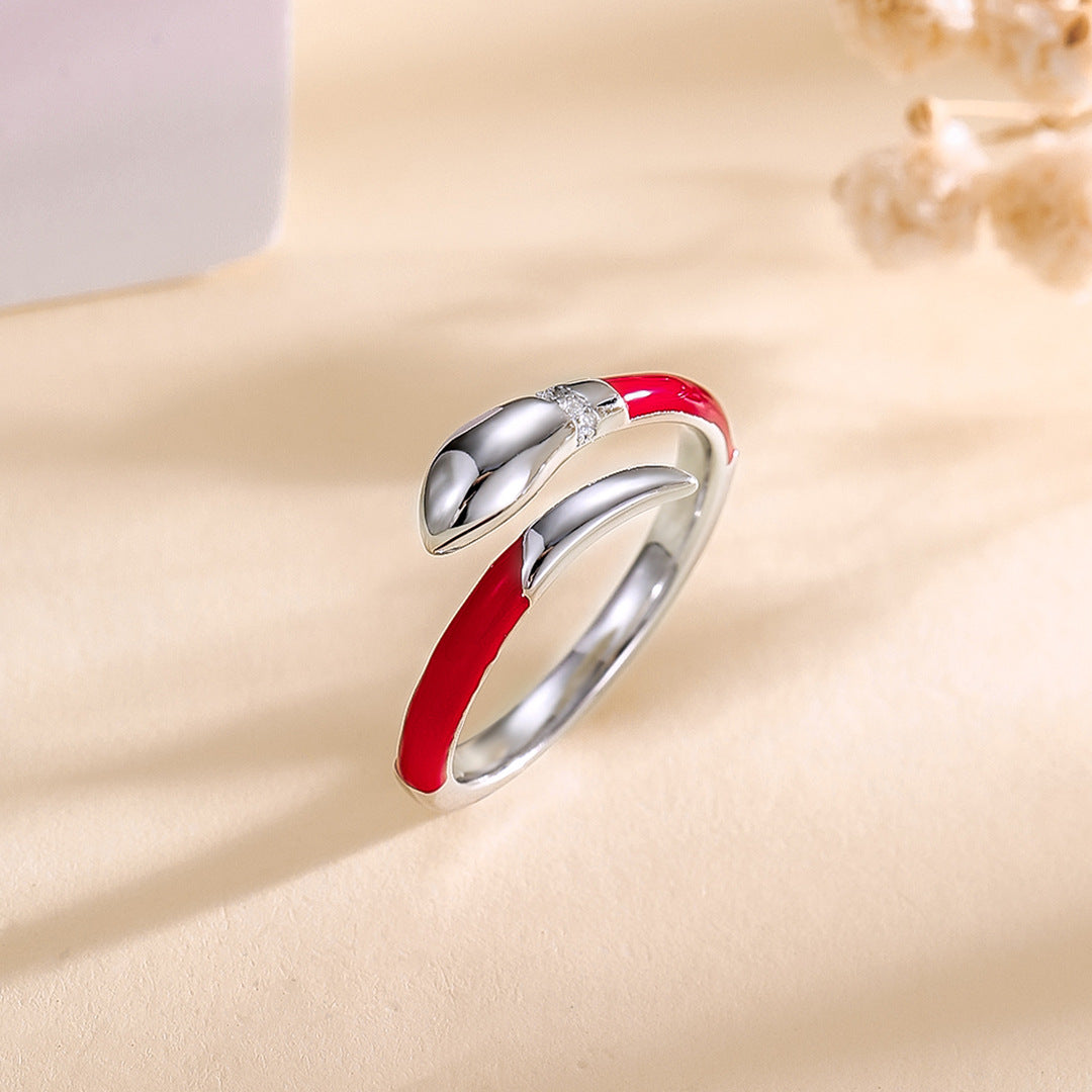 Planderful S925 Sterling Silver Snake Blessing Ring Women's New Chinese Year of the Snake Red Natal Year Zodiac Index Finger Ring Opening