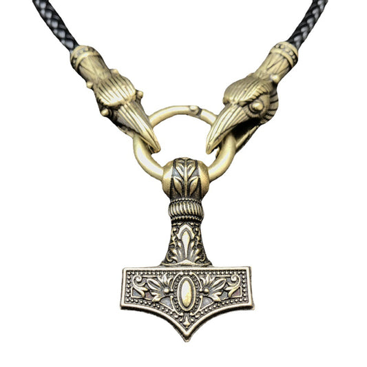 Double Dragon Head Thor Hammer Necklace - Norse Legacy Viking Pirate Amulet