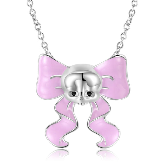 Halloween Playful Skull Pink Bow Silver Necklace
