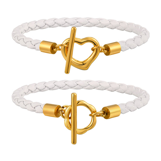 Ladies Stainless Steel Flower Ot Buckle White Microfiber Leather Bracelet Gold