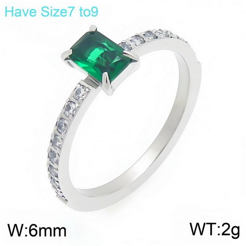 French Four-Claw Rectangle Color Zircon Ring Half Circle Zircon Stainless Steel