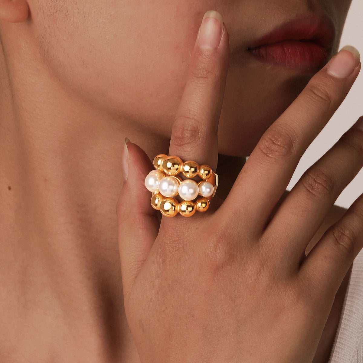 Stainless Steel Imitation Pearl Ball Multi-Layer Casting Ring – Gold