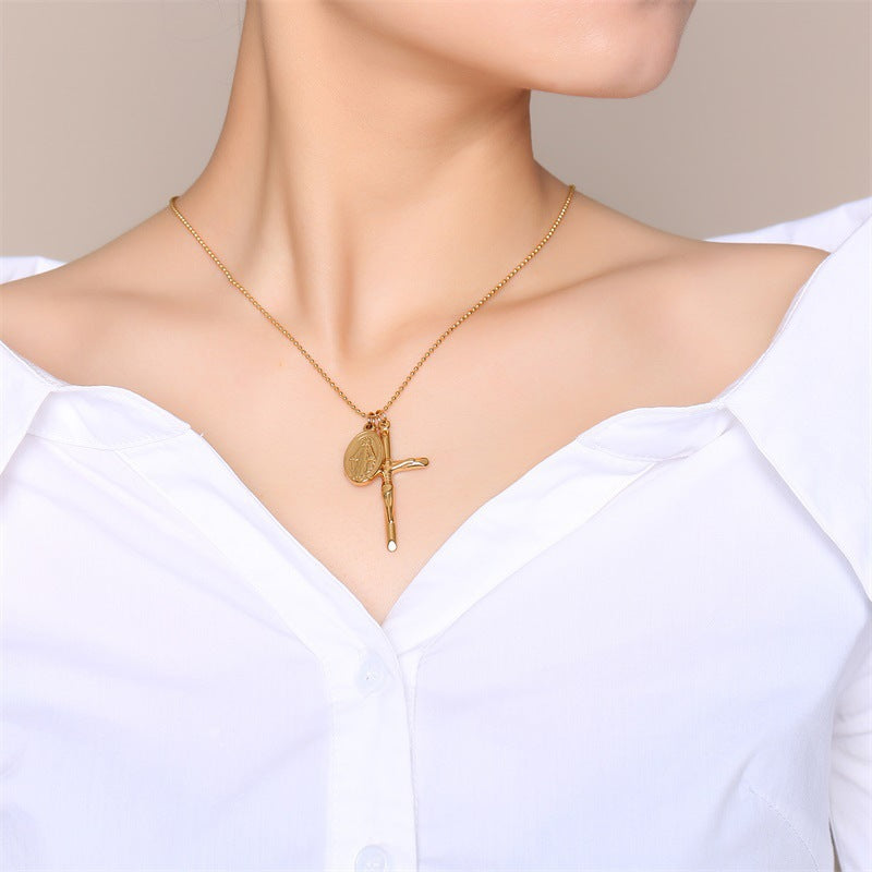 Pendant Sweater Chain Titanium Steel Virgin Mary Cross Necklace