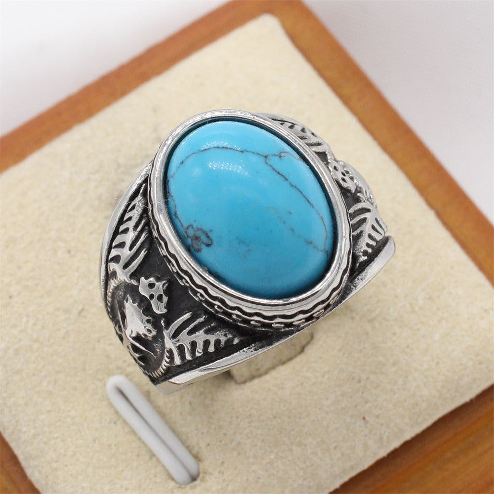 Planderful Everyday Genie – European and American Retro Men's Gemstone Titanium Steel Ring