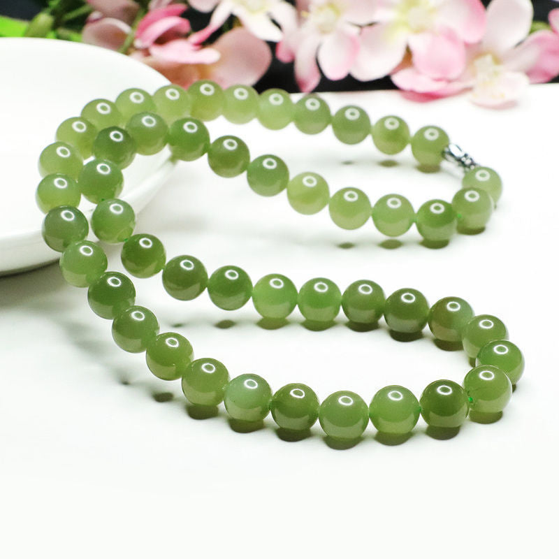 Natural Hotan Jade Necklace Lake Green Beads String Jade Jewelry