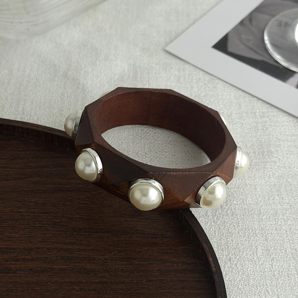Planderful Vienna Verve Handcrafted Wooden Bracelet With Imitation Pearl Inlay Statement For Women