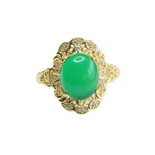 Golden Palace Style Chalcedony Ring with Zircon Flower Lace