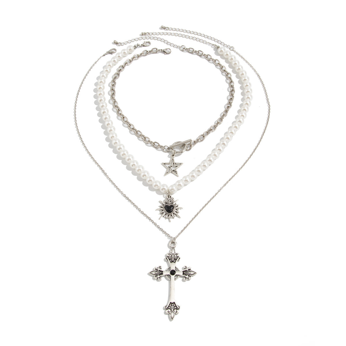 Pearl-Style Star & Cross Layered Necklace