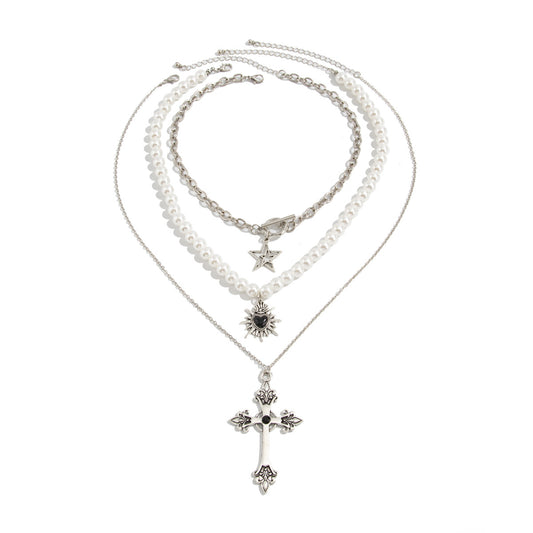 Pearl-Style Star & Cross Layered Necklace