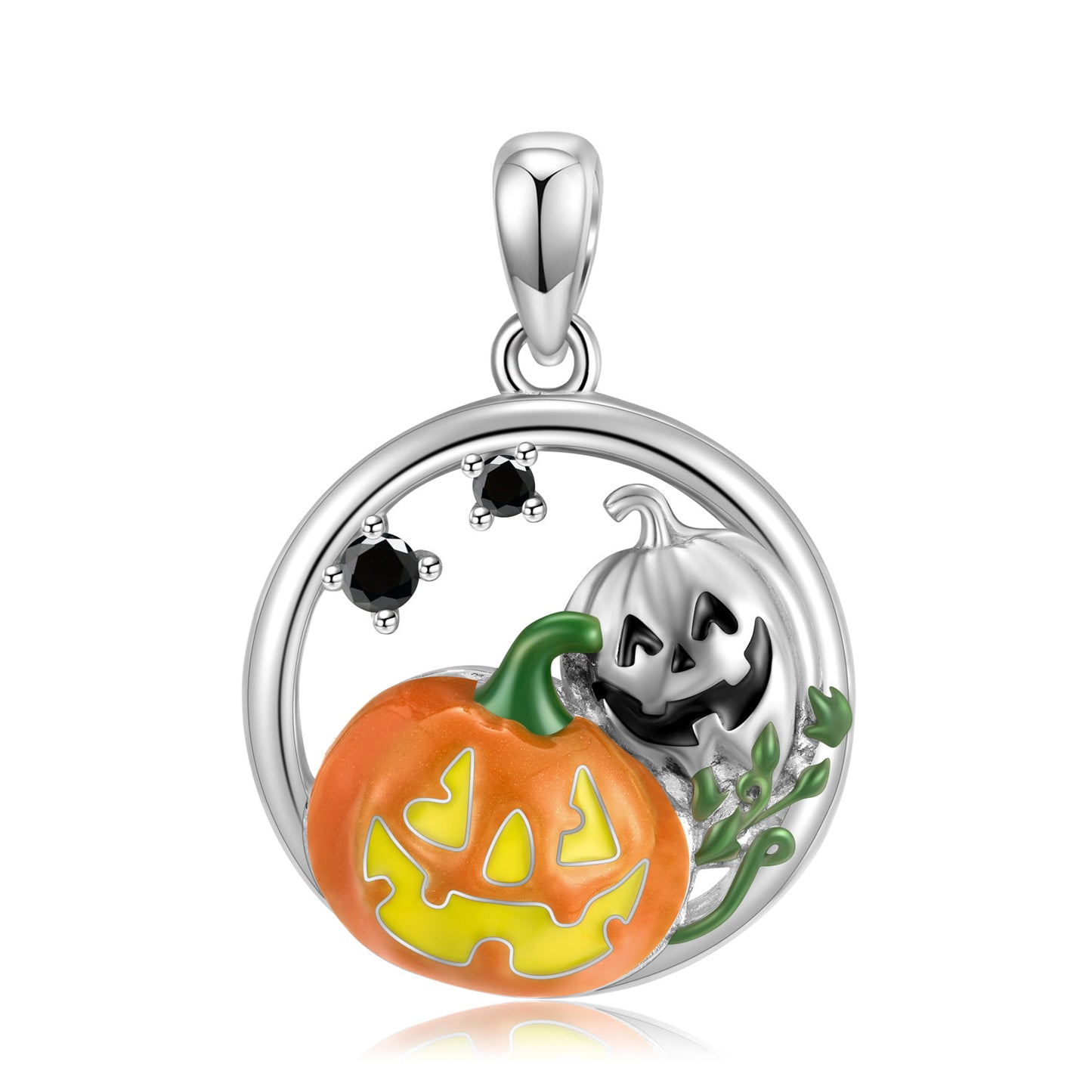 Halloween Jack-O-Lantern Circle Pendant Silver Necklace
