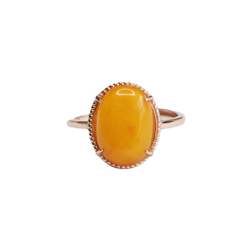 Sterling Silver Adjustable Oval Beeswax Amber Ring