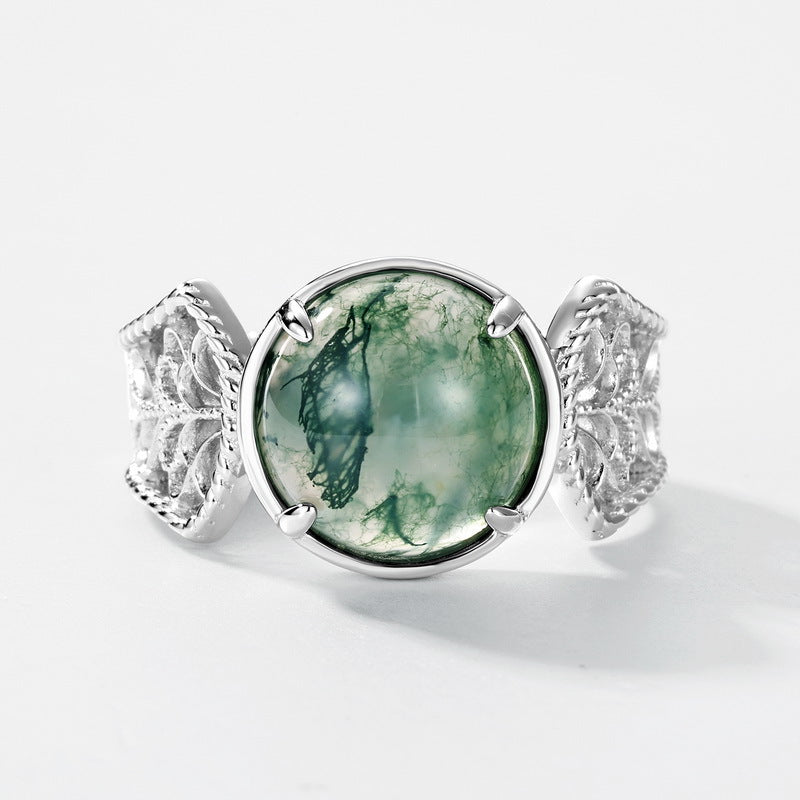 Planderful Jewelry Natural Aquatic Agate Ring In Sterling Silver Open Band Green Moss Stone