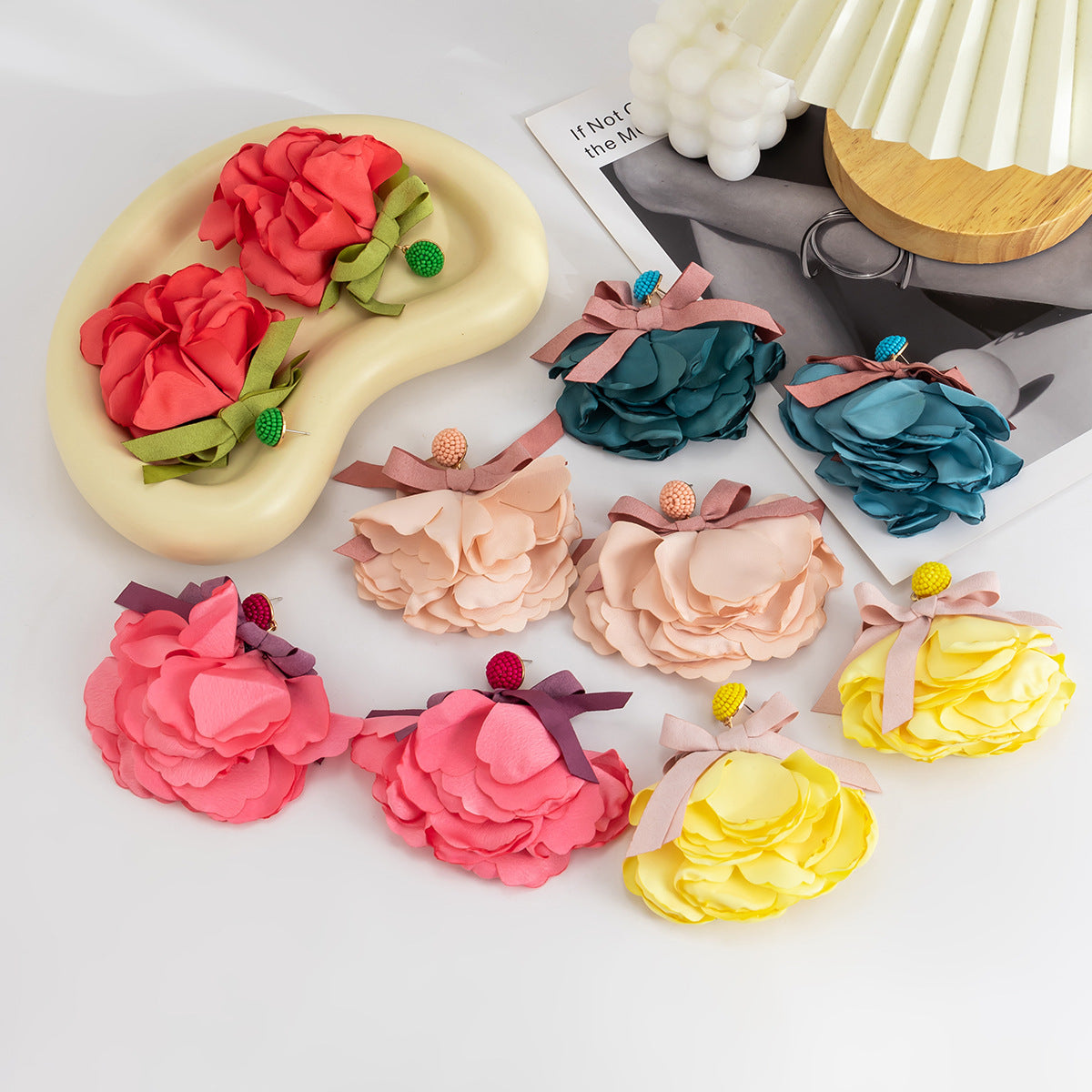 Elegant Rose Bow Earrings with Handmade Fabric Design