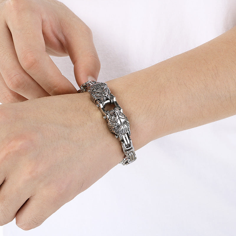Oxidized Lion Head Emperor Chain Titanium Steel Men's Bracelet