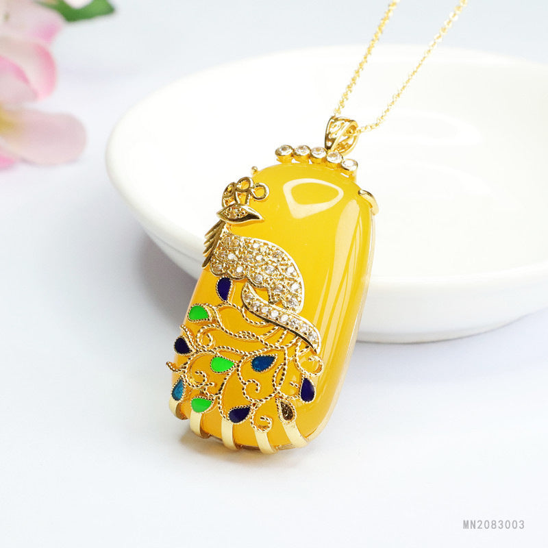 Yellow Chalcedony Cloisonné Phoenix Plaque Pendant — No Chain