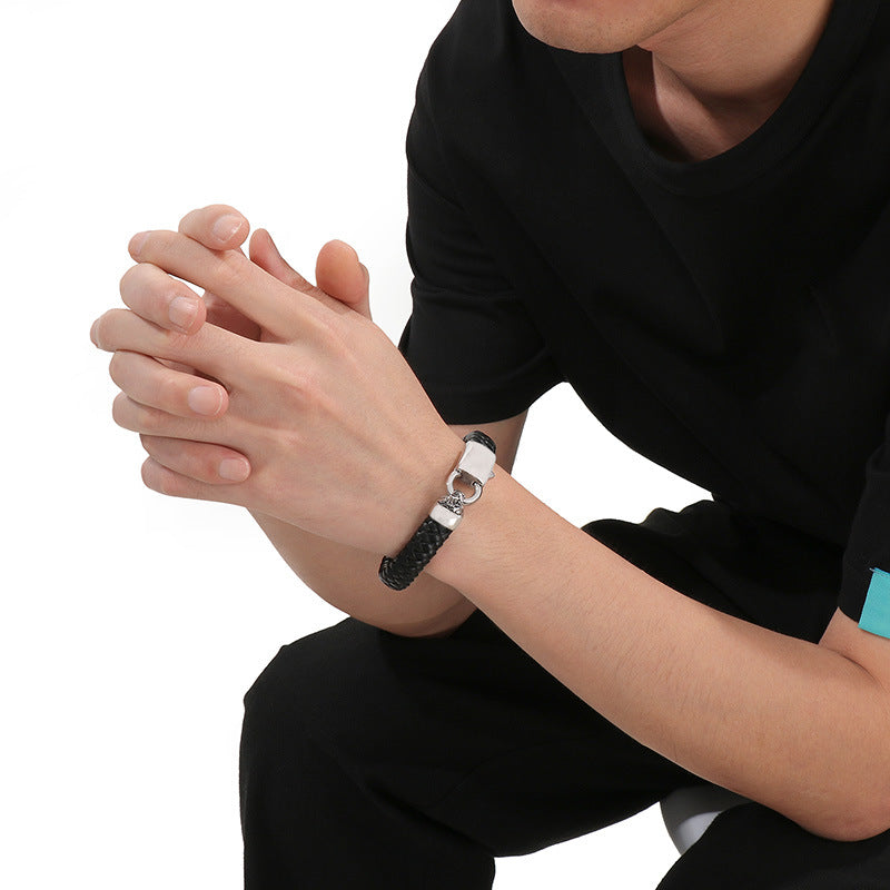 Stylish & Double-Layer Spliced Leather Bracelet – Vacuum Electroplated Spring Buckle