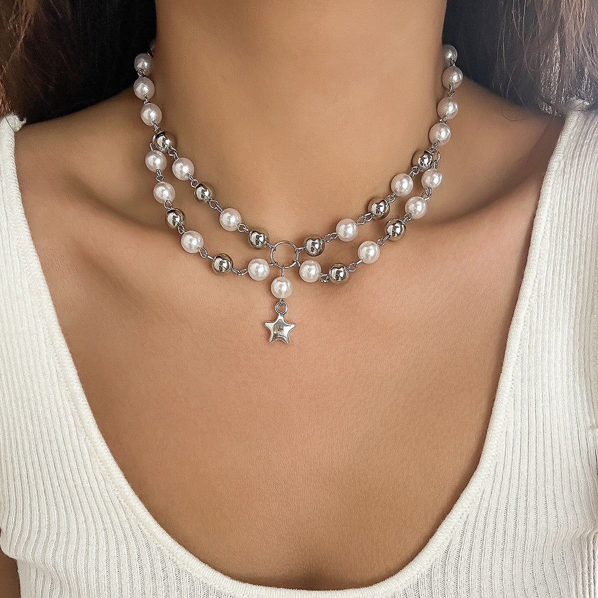 Cross-border Spice Girl Star Sweet Choker Necklace with Imitation Pearls and Metal Beads