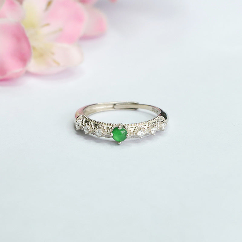 Six Zircon Sterling Silver Ring with Ice Emperor Green Jade and Adjustable Opening