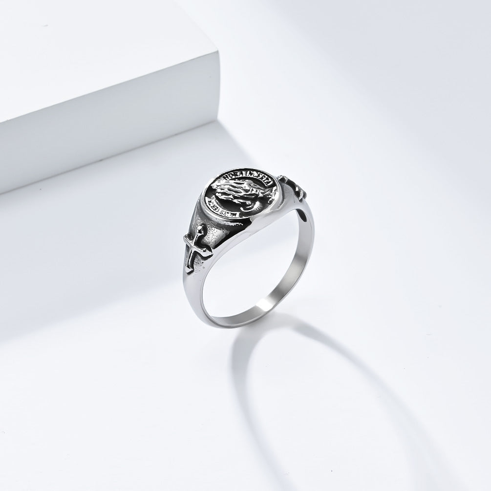 Cross-Border European and American Style Prayer Hand Cross Titanium Steel Ring Men's and Women's Wedding Ring