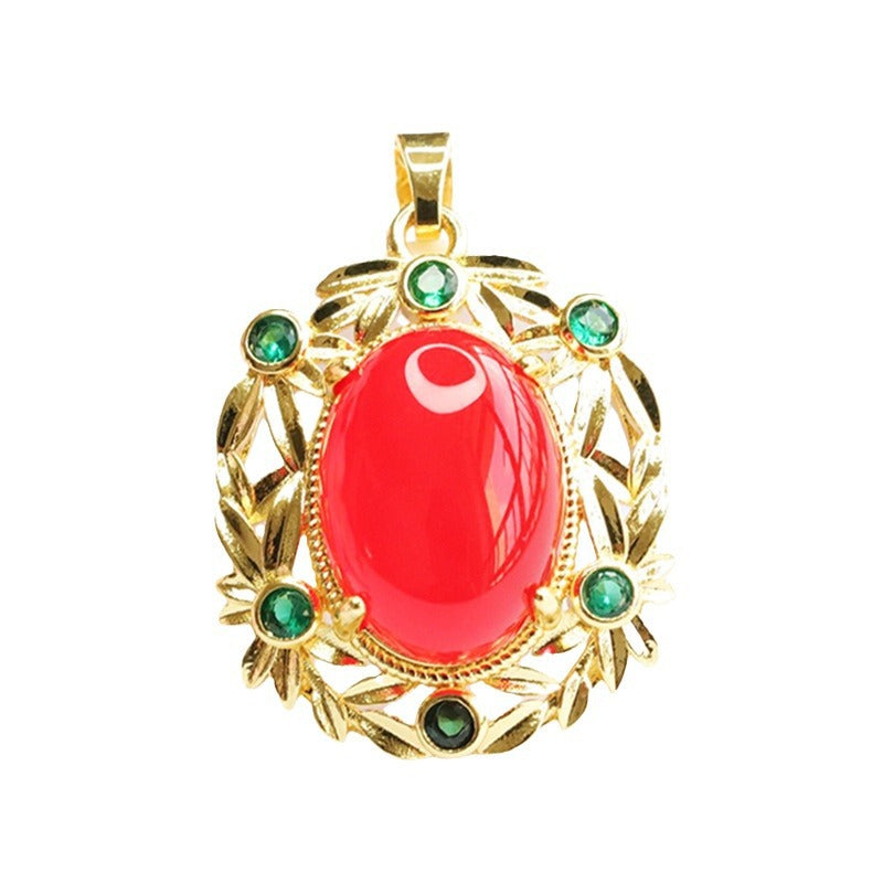 Natural Chalcedony Oval Red Agate Vintage Wreath Pendant
