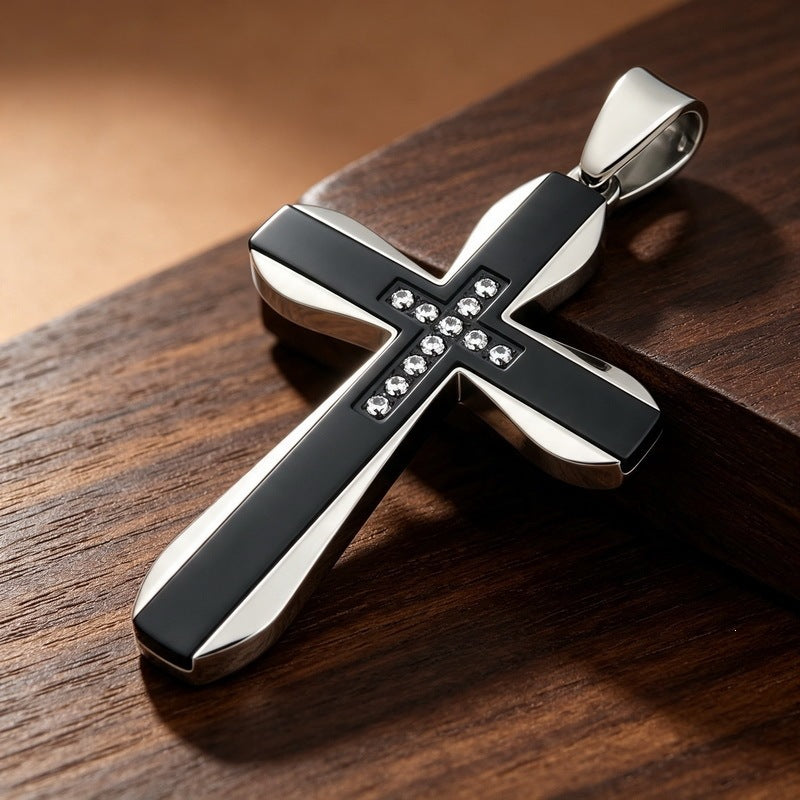Hip Hop Rock Double Contrast Color Zircon Cross Titanium Steel Pendant Back Stainless Necklace
