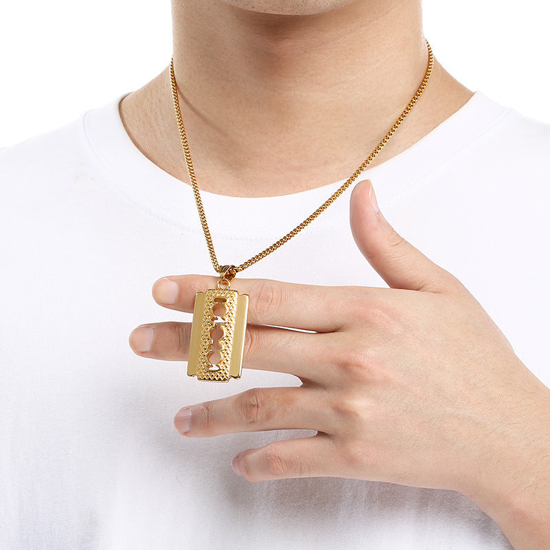 Retro Trend Hip-Hop Blade Necklace, Niche Rhombus Pattern Razor Stainless Steel Men's Pendant