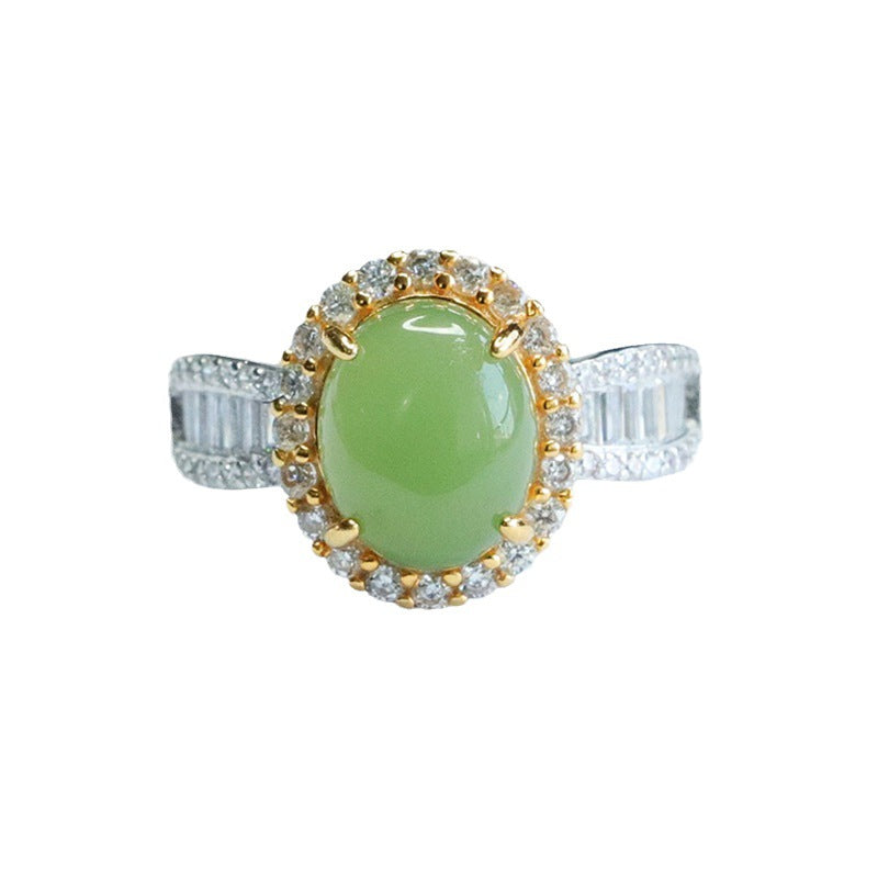 Planderful Collection: Fortune's Favor Oval Natural Hotan Jade Jasper Golden Zircon Silver Halo Ring