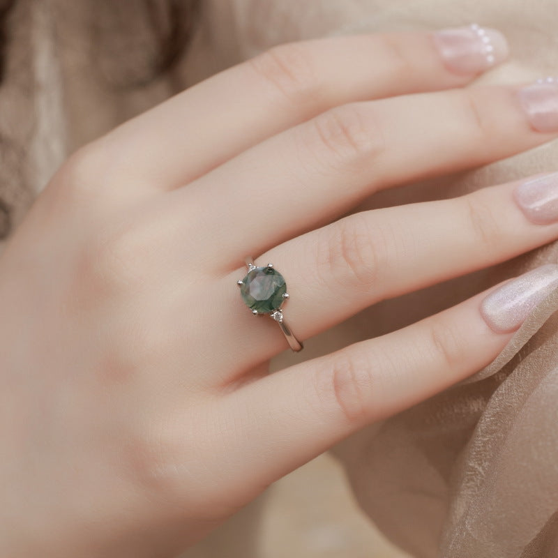 Planderful Jewelry Sterling Silver Agate Ring Green Moss Geometric Retro Design For Women