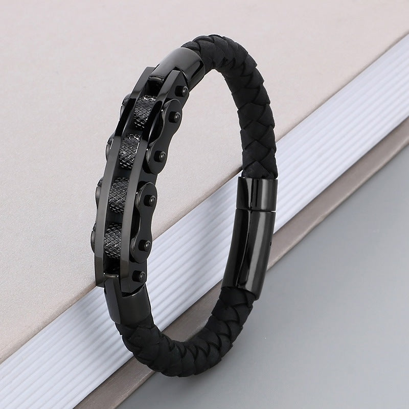 Business Style Strap Chain Woven Leather Rope Bracelet – Stainless Steel Bicycle Chain