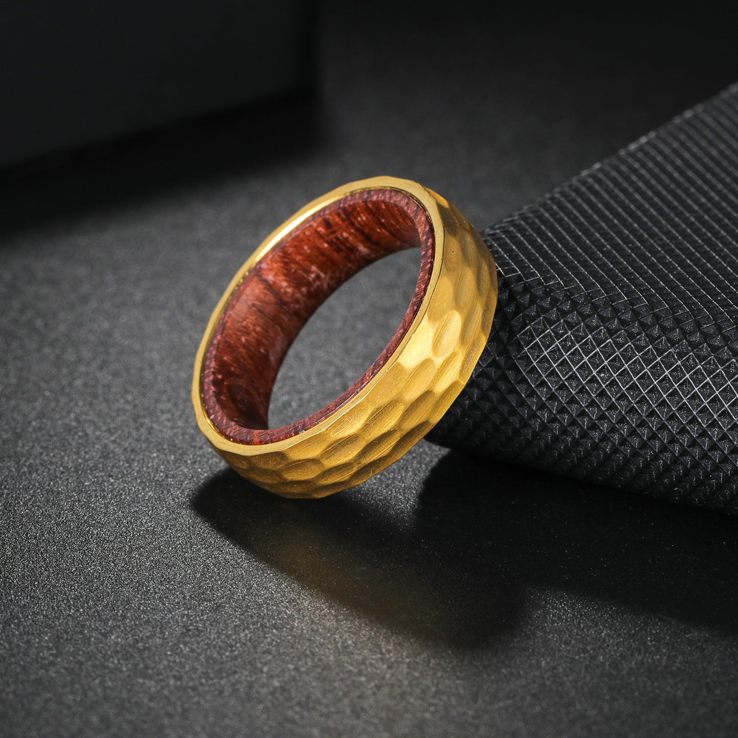 Planderful Everyday Genie Premium Couple Rings Titanium Hammered Outer Ring Solid Wood Inlay Unisex Wedding Band